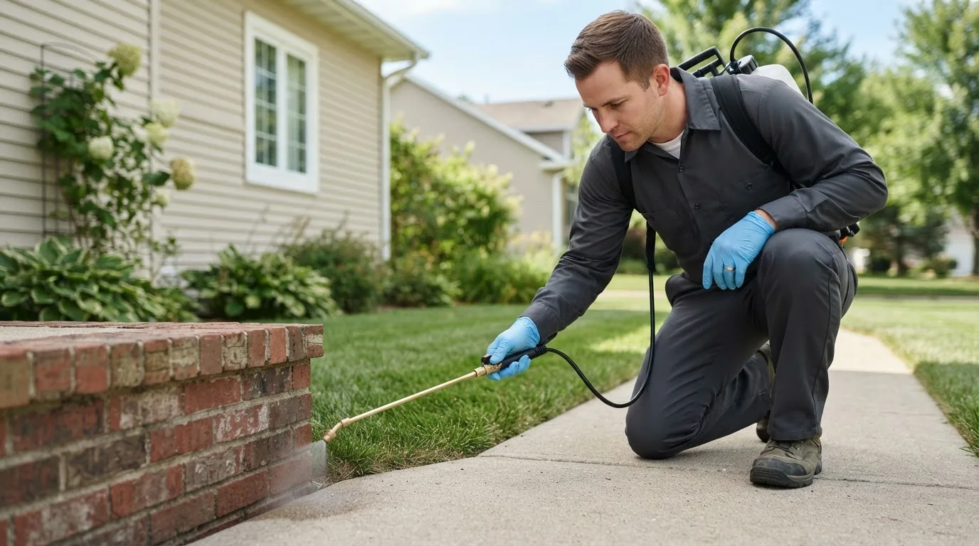 Pest control technician treating a home near Dunlow, WV