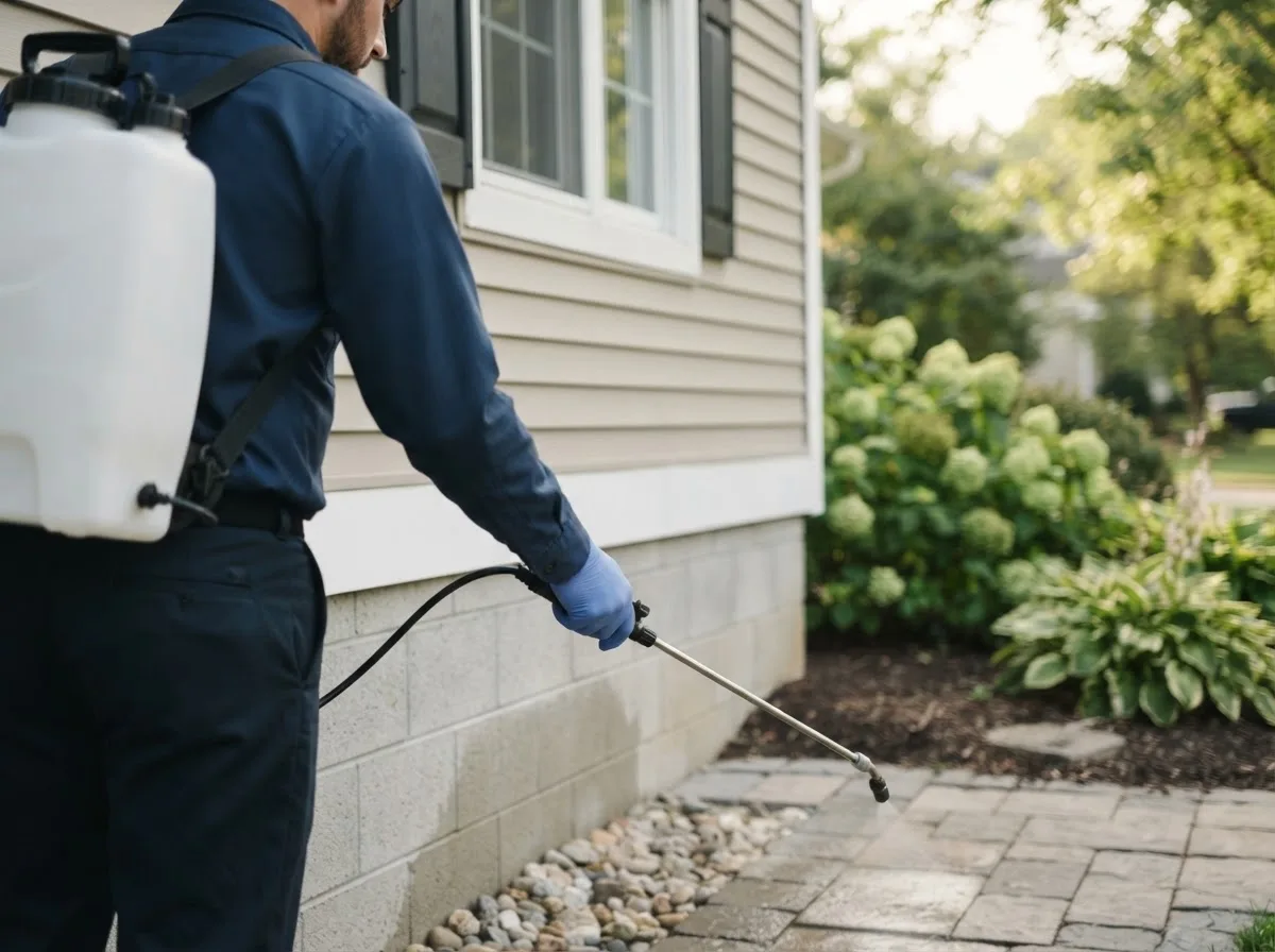 Pest control technician inspecting a home in Dunlow, WV